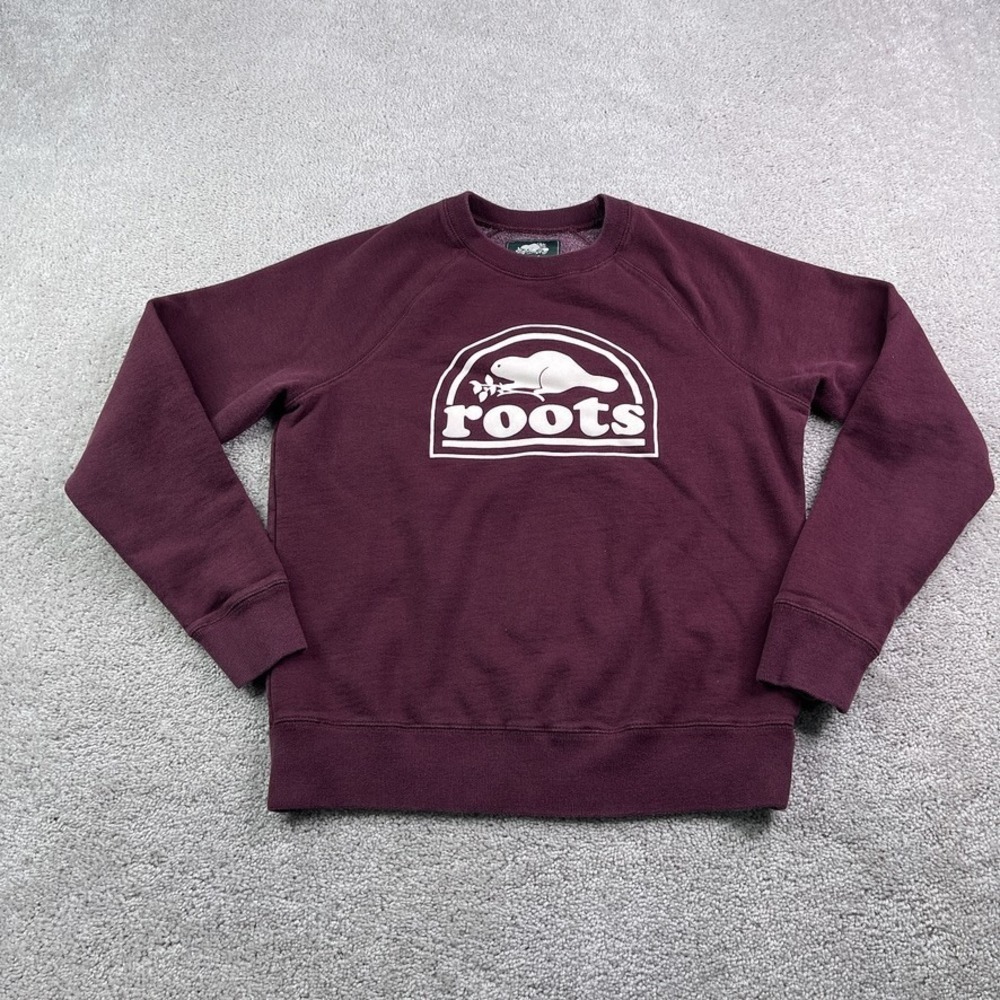 Roots Sweatshirt Mens Small Red Burgundy Crewneck Raglan‎ Pullover Spellout Logo
